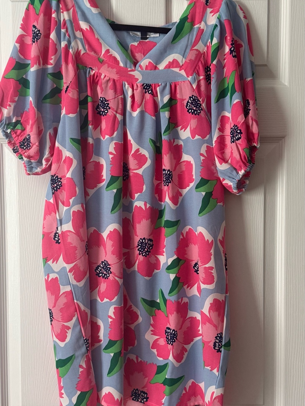 Women's Pink Floral Midi Dress - Light Blue Background